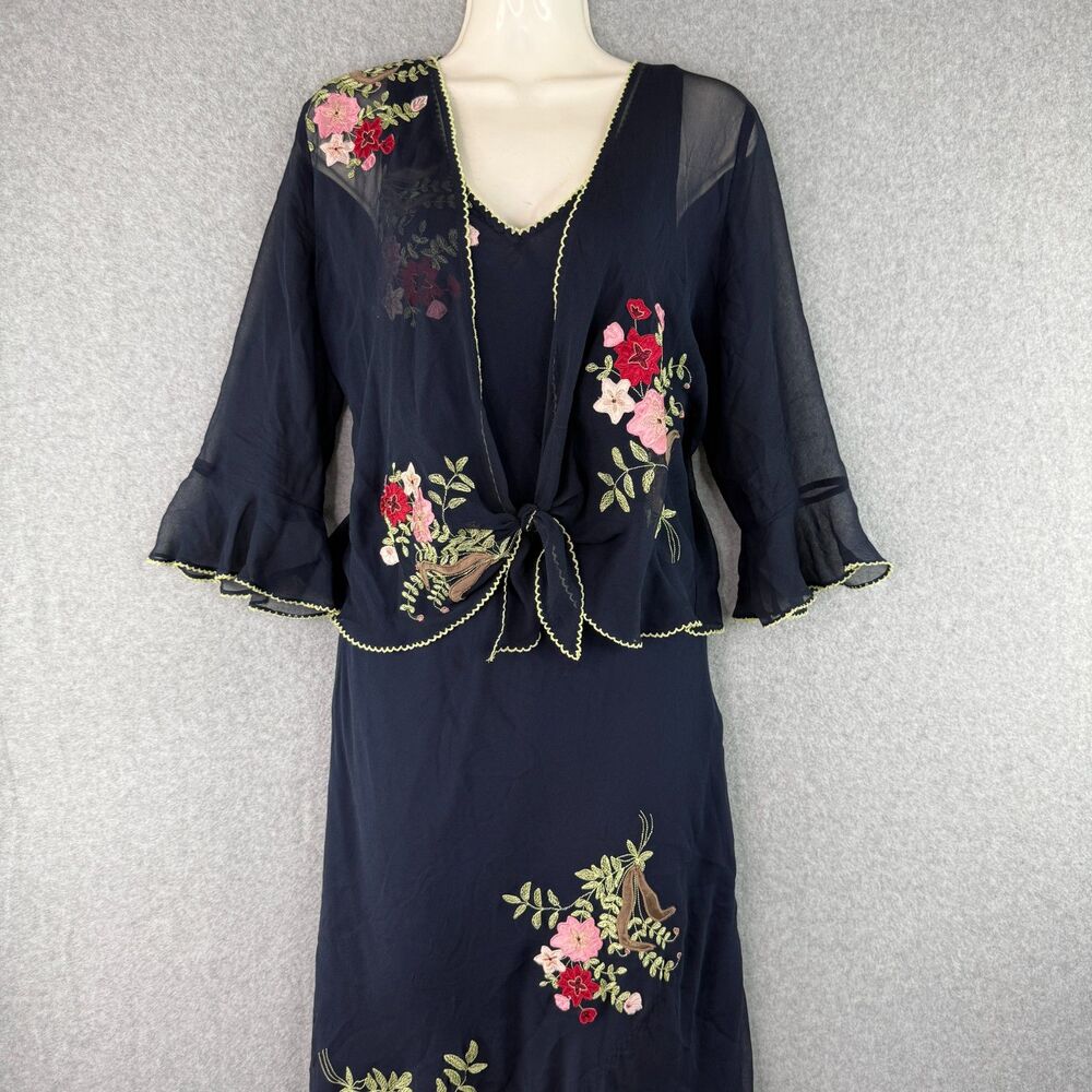 Robbie Bee 100% Blue Silk Slip Maxi Dress w/ Shawl Coquette Fairy Whimsy Core 8 - Picture 3 of 6